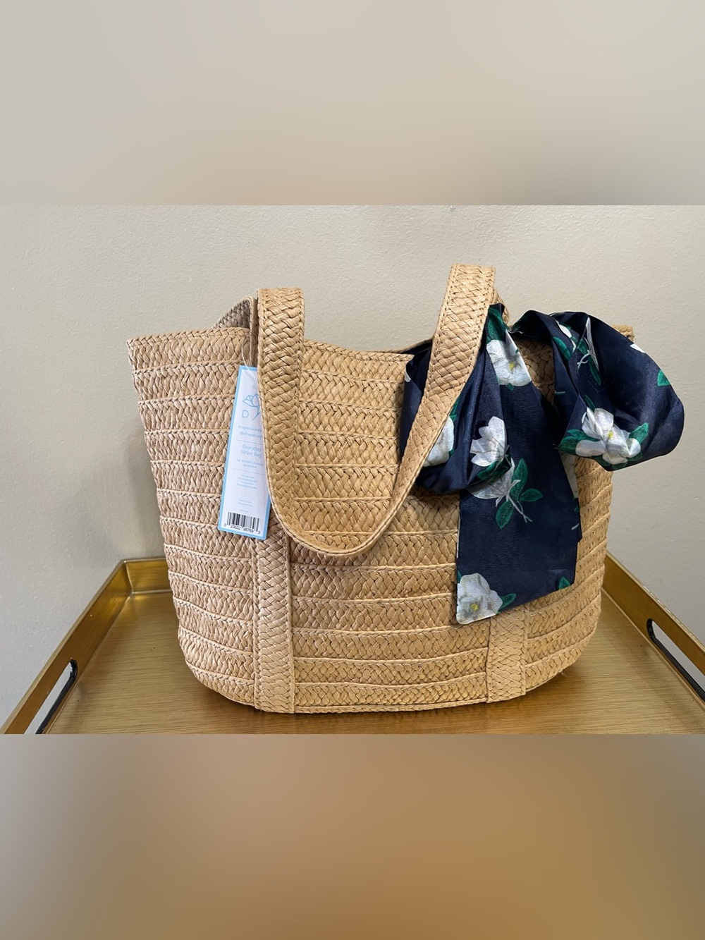 Draper James Natural Straw Tote with Navy Floral Scarf